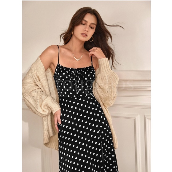 French Style Polka Dot Black Midi Dress Leg Slit - Picture 12 of 16